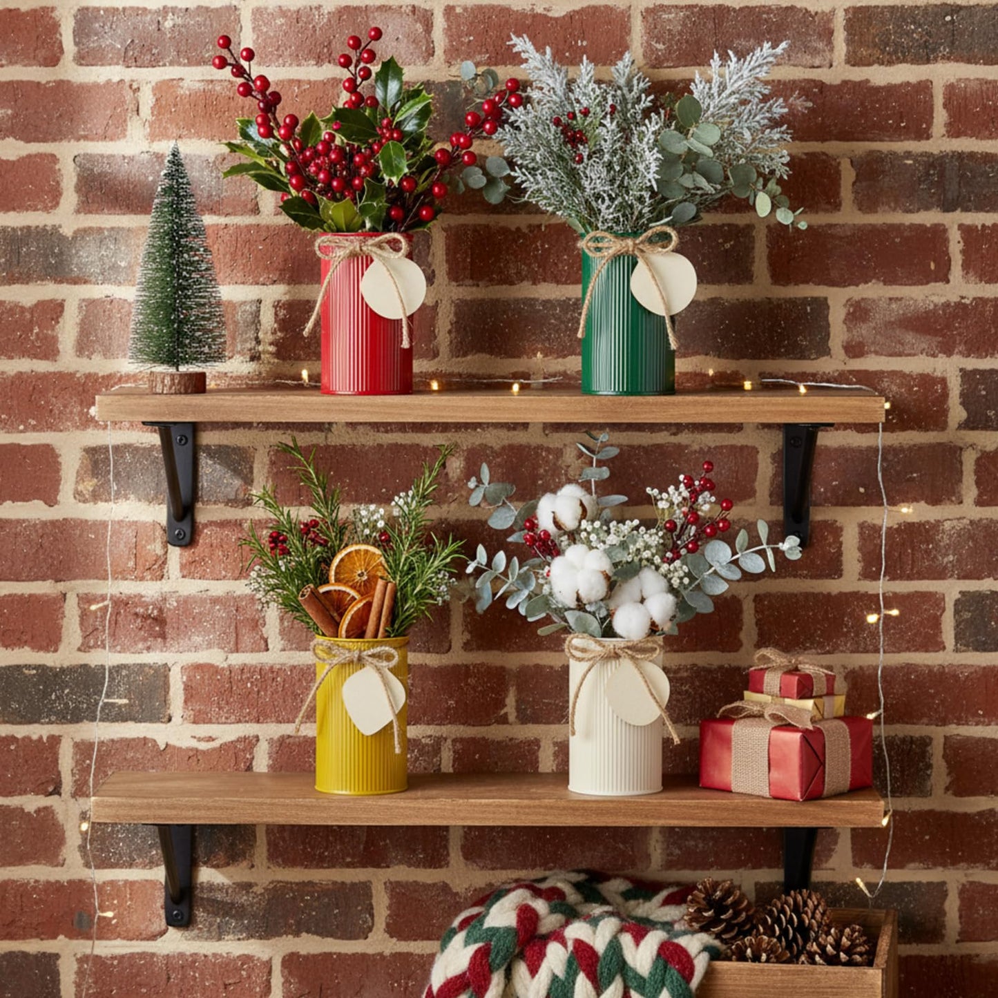 Acellegic 8 Pack Christmas Table Centerpieces Farmhouse Rustic Galvanized Metal Vases Decor Flower Buckets Mason Jar Utensil Holder with Twine Bow & Wooden Cutouts for Xmas Holiday Table Decor