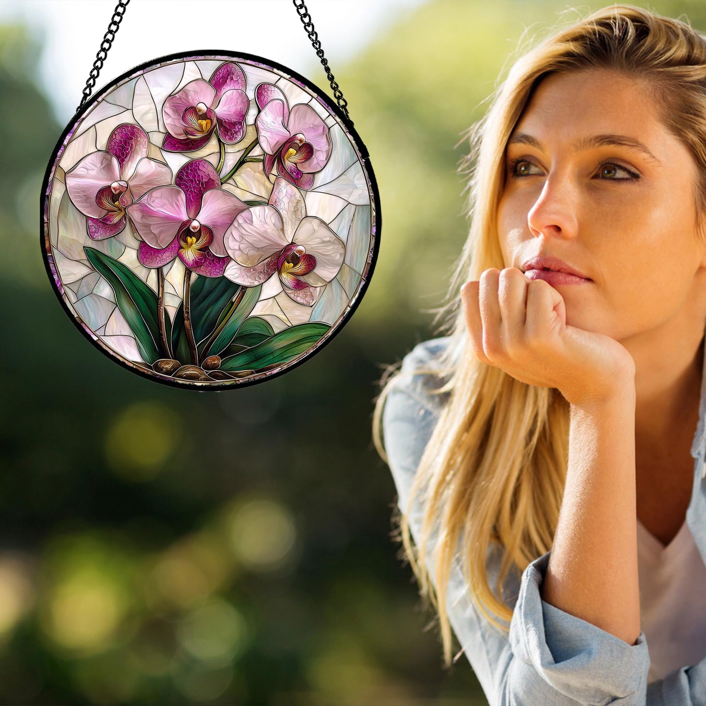 AMDERVEN Stained Glass Window Hanging - Pink Purple Phalaenopsis Flowers Sun Catcher for Door Home Decor Plant Suncatcher Christmas Mother's Day Birthday Gifts for Women Men Mom Nana 6.3 in