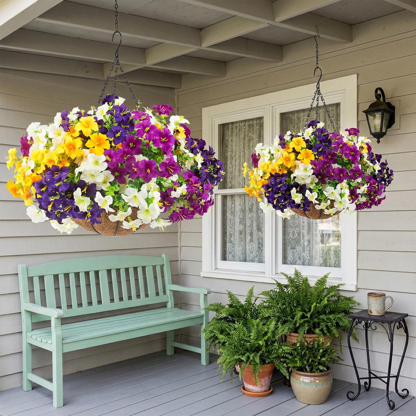 2 Set Artificial Outdoor Flowers with Hanging Baskets,24 Pcs UV Resistant Faux Petunias Flowers with Hanging Planter for Front Door Porch Spring Outside Decor (2, White,Yellow,Purple,RedViolet)
