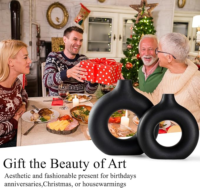 Black Ceramic Donut Vase Set of 2, Hollow Round Matte Pampas Flower Vases for Boho Home Wedding Party Room Dinner Table Shelf Decor.（Black）