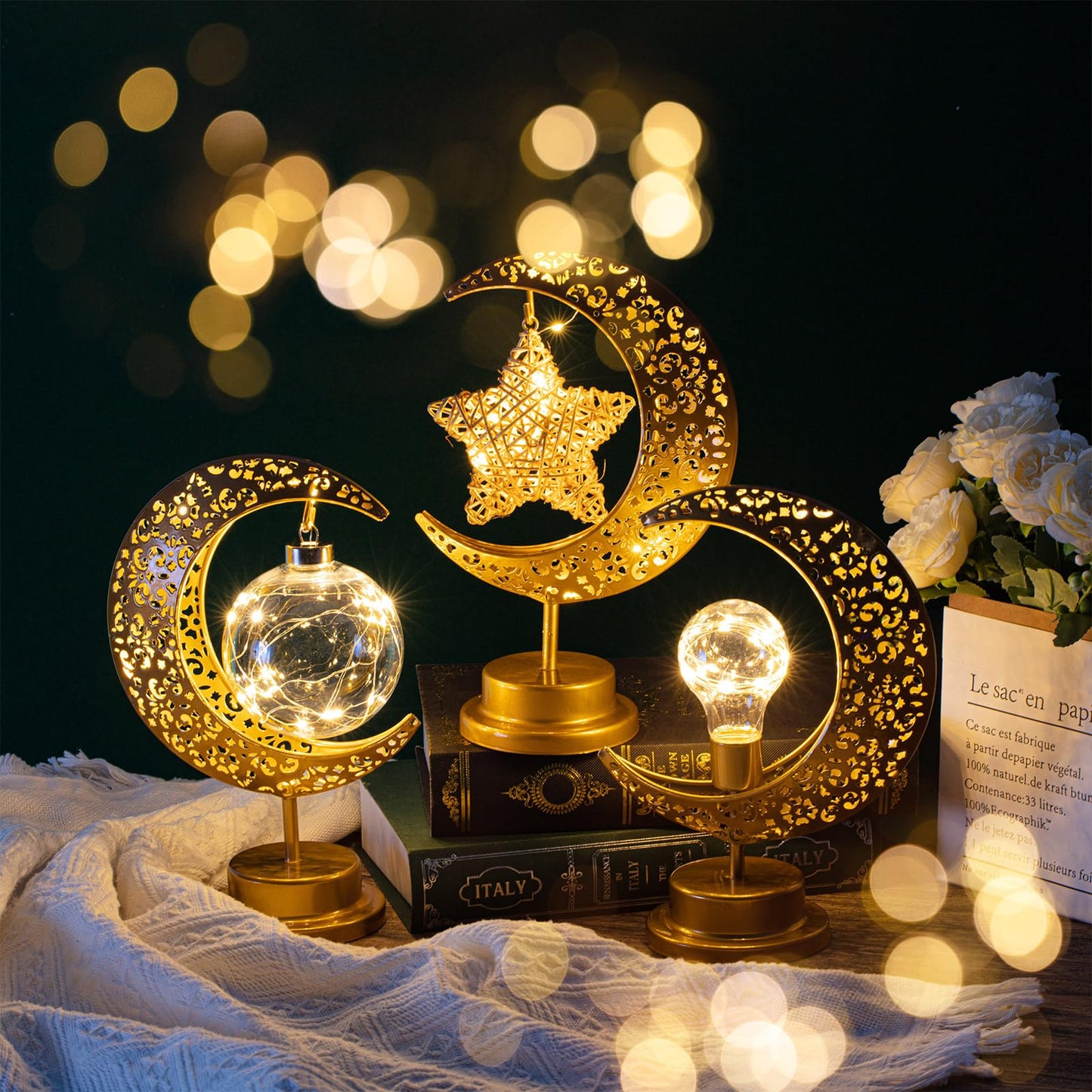 Tujoe 3 Pcs Ramadan Decorations for Home Rustic Moon Lamp Ramadan Star Moon Metal Lights Battery Operated LED Crescent Light Eid Decorations for Home Bedroom Table Ramadan Eid Mubarak Party Decor