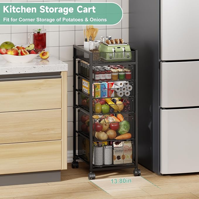 keomaisyto 6-Tier Kitchen Storage Cart with Top Basket & Drawers, Utility Fruit Vegetable Storage Rack on Lockable Wheels, Metal Rolling Snack Cart, Kitchen Organization for Potatoe Onion Can Spice