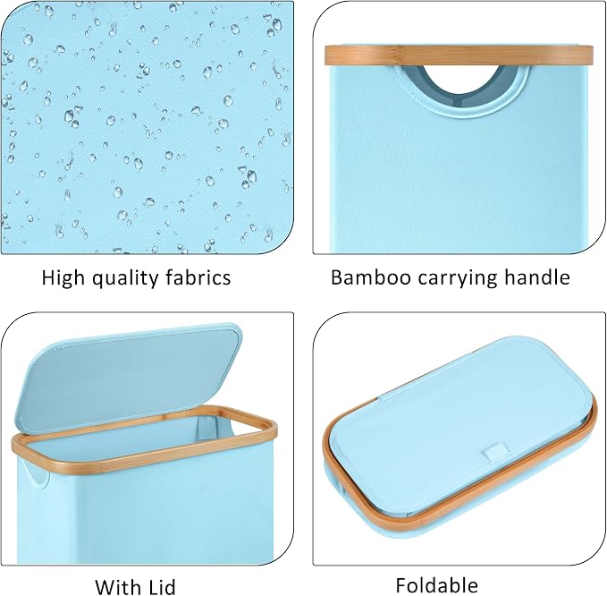Slim Laundry Basket,60L Laundry Hamper with Lid, Tall Hamper for Laundry,Dirty Cloth Hamper with Bamboo Handle for Toys,Towels, Clothes Organizing, Light Blue