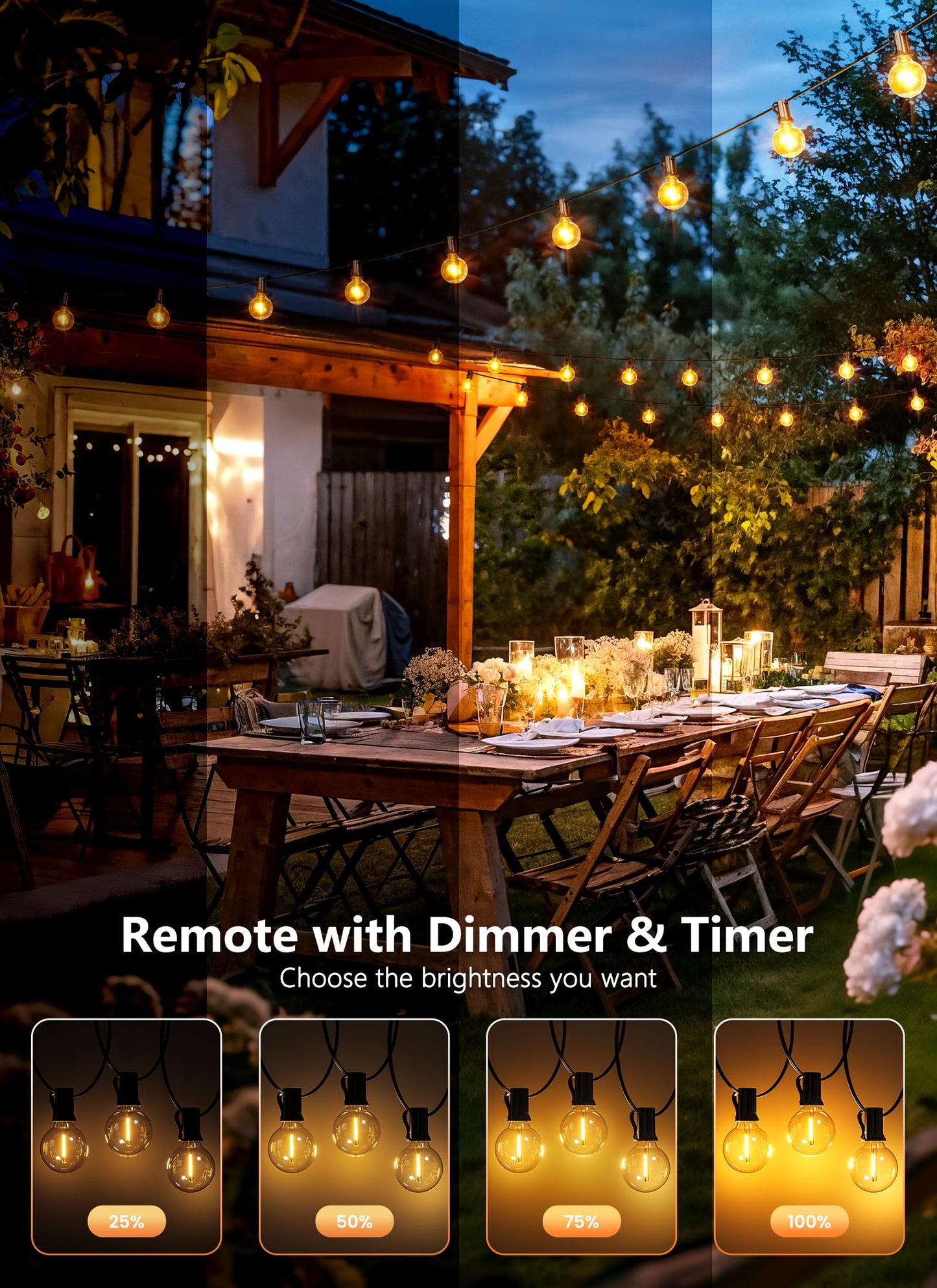 Outdoor String Lights with Remote, 100Ft Outside Waterproof Light with Dimmable G40 LED Bulbs, Shatterproof Connectable Hanging Patio Lights for Porch, Backyard, Bistro, Deck, Balcony, Home Decor