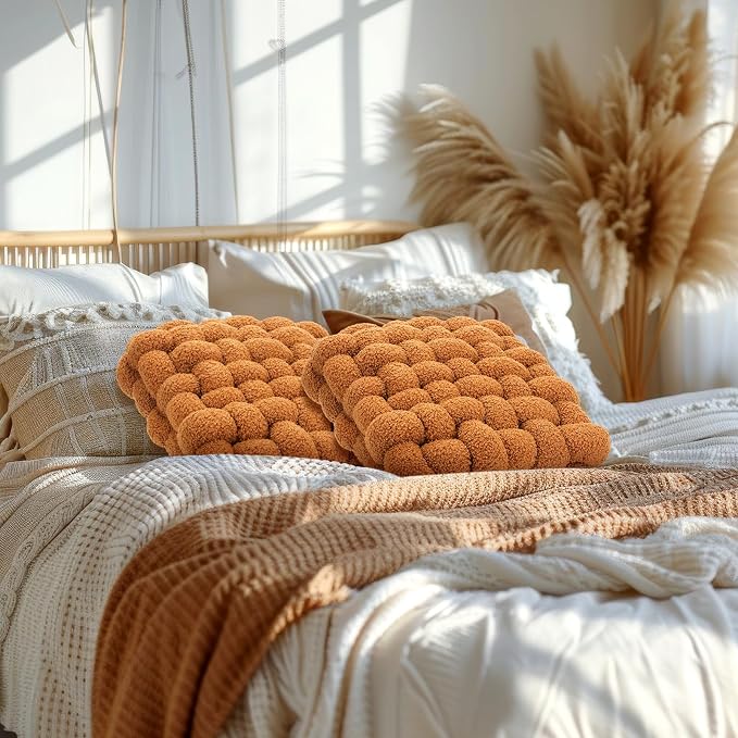 Wenqik 2 Pcs Knot Pillows Square Knotted Plush Throws Soft Accent Pillows Decoration Cushion for Couch Home Office Living Room Bedroom Bed Sofa Decor, 12'' x 13''(Caramel,Lambswool)