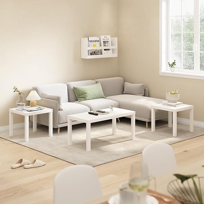 Furinno Classic Toolless Assembly Square Side Table Set of 2, White End Table with 1.8 Thick Tabletop, Night Stand, Bedside Table, for Living Room, Bedroom, Plain White