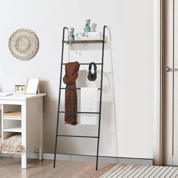 Blanket Ladder 5 Layer Wall-Leaning Blanket Rack with Shelf Decorative Blanket Ladder Shelf Metal Leaning Towel Ladder Rack for Blankets or Quilts for Living Room Bathroom Rustic Black