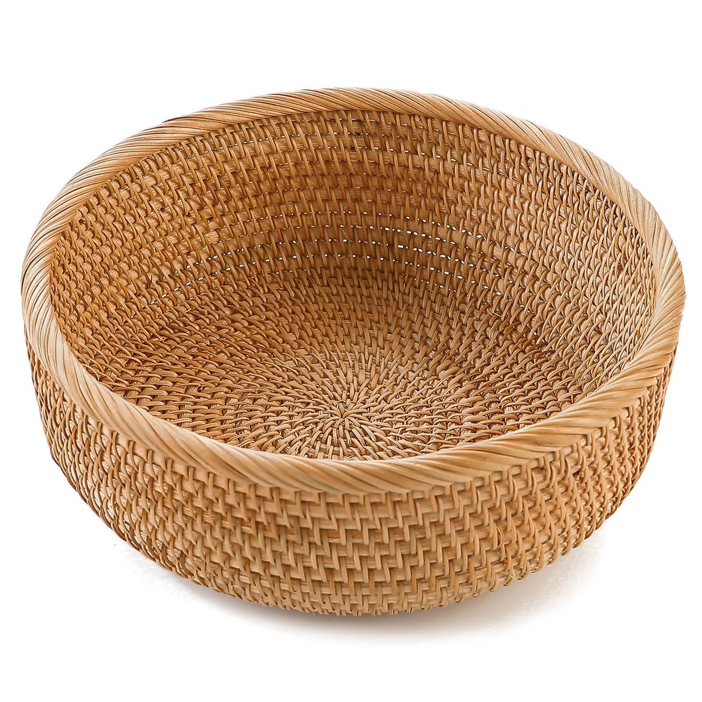 HITOMEN Handmade Rattan Bread Baskets Round Wicker Fruit Serving Storage Bowls, Natural Woven Decorative Kitchen Counter Organizing (Honey Brown) M-9.2"