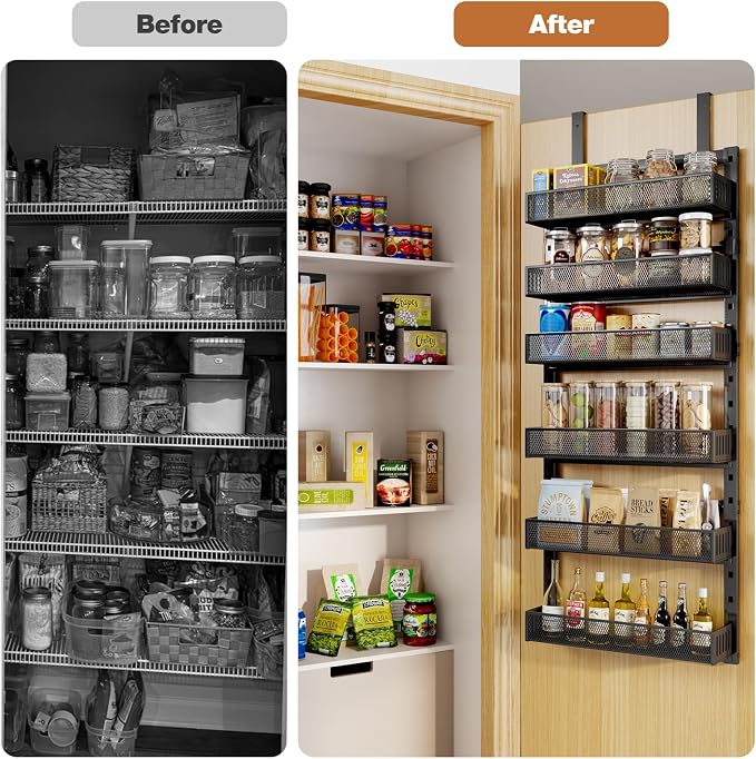 Pantry Door Organizers and Storage, 6-Tier Large Metal Heavy-Duty Frame Over the Door Spice Rack, 2 in 1 Wall-Mounted or Hanging shelf for Kitchen, Bathroom, Laundry Room, Bedroom, Closet &Nursery