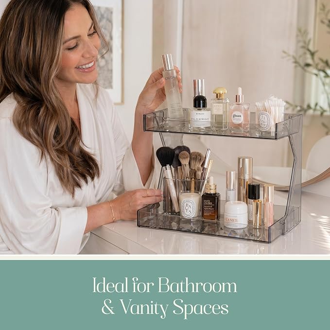 Perfume Organizer for Vanity, Premium Clear Acrylic Makeup Organizer Countertop with Non-Slip Trays, Easy 30-Second Assembly, Holds 12–16 Bottles for Bathroom & Dresser (Dark Diamond)