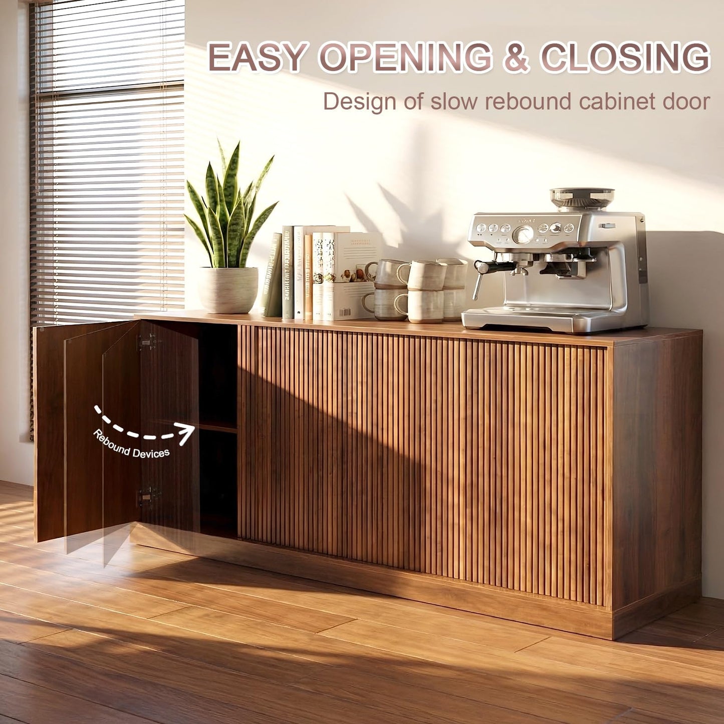 Yaxuordev 63" Sideboard Buffet Cabinet - Black Walnut with Wave Pattern Doors | Mid-Century Modern Credenza Storage for Dining Room, Living Room, Kitchen | TV Stand Console Coffee Bar