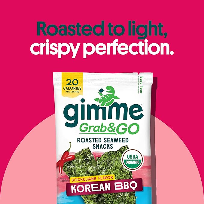 Gimme Seaweed Grab & Go Organic Premium Roasted Seaweed Snacks, Korean BBQ, 5 Count Trayless, Keto, Vegan, Gluten-Free, Source of Omega3s, Healthy On-The-Go Snack for Kids & Adults
