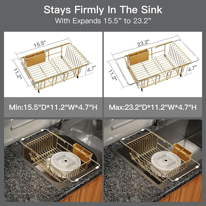 MAJALiS Gold Dish Drying Rack Over The Sink with Utensil Holder, Mat | Expandable Stainless Steel Dish Drainer for Small Kitchen, Apartment, RV, Counter Space Saving, Perfect Fit, Rustproof