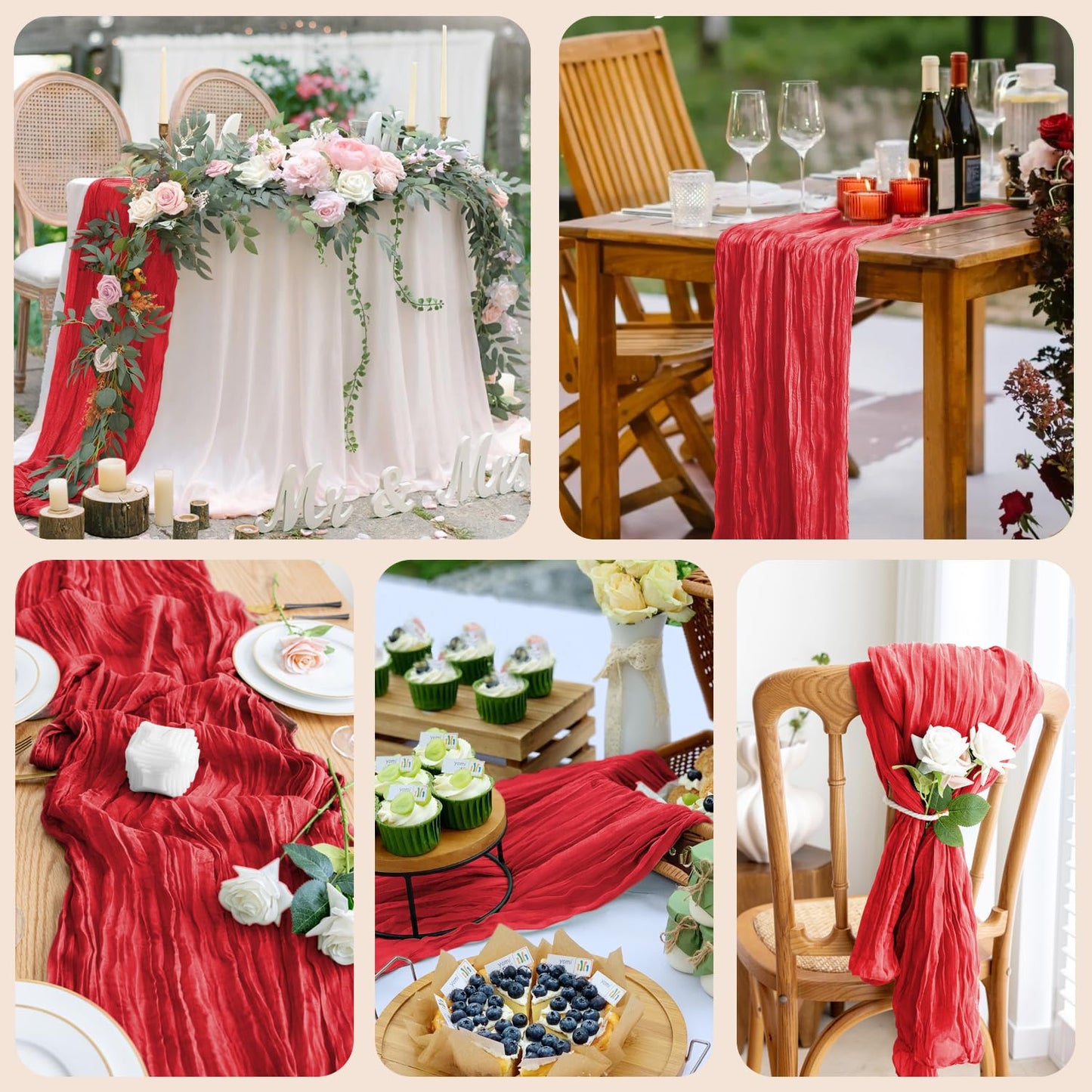 Xiomot Table Runner Cheesecloth 10FT Red Boho Gauze Cheese Cloth Rustic Sheer Table Runners for Wedding Birthday Bridal Baby Shower Party Decoration