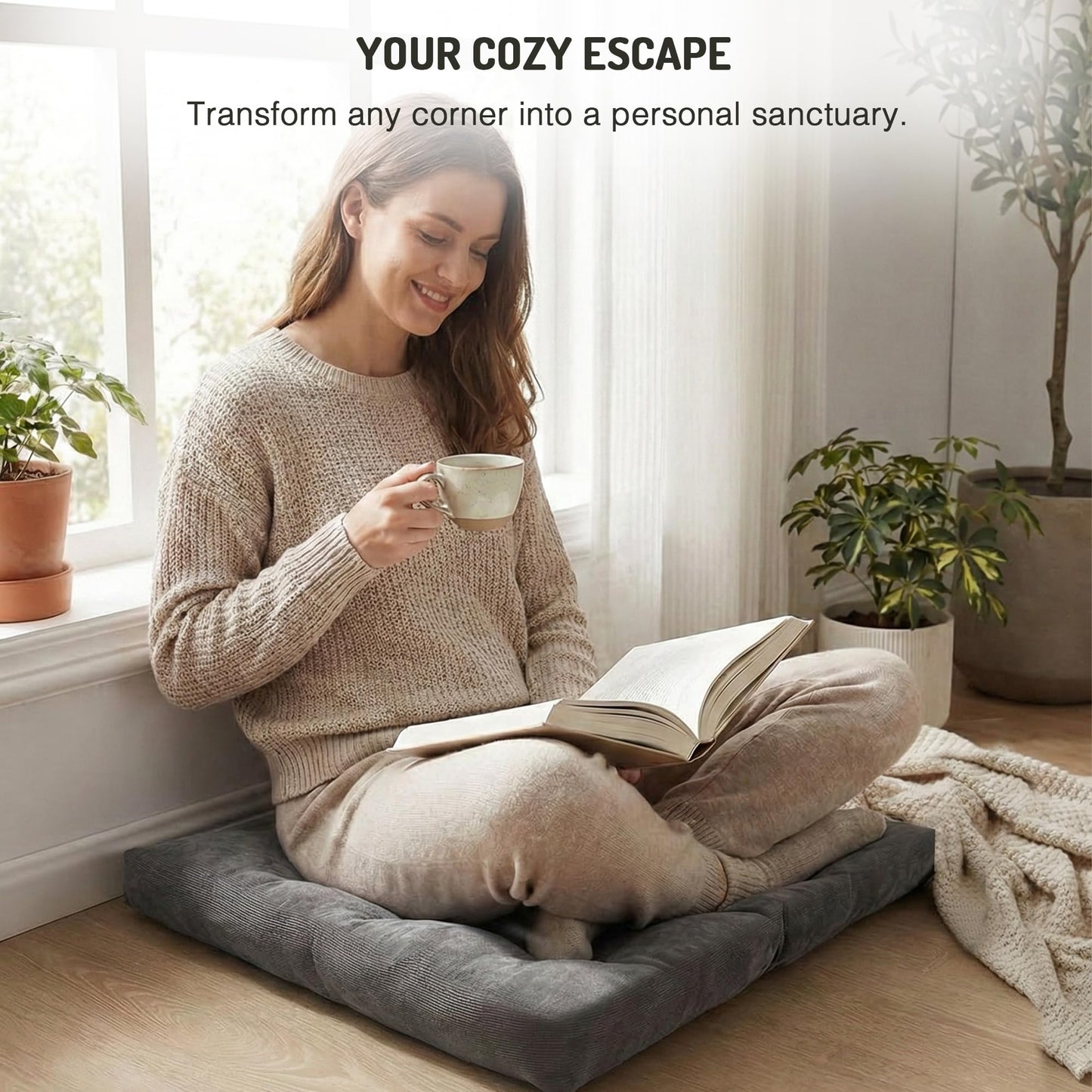 Meditation Floor Pillow Set of 2, Square Large Pillows Seating for Adults, Tufted Corduroy Cushion for Reading Nook, Classroom and Living Room, Grey, 22x22 Inch