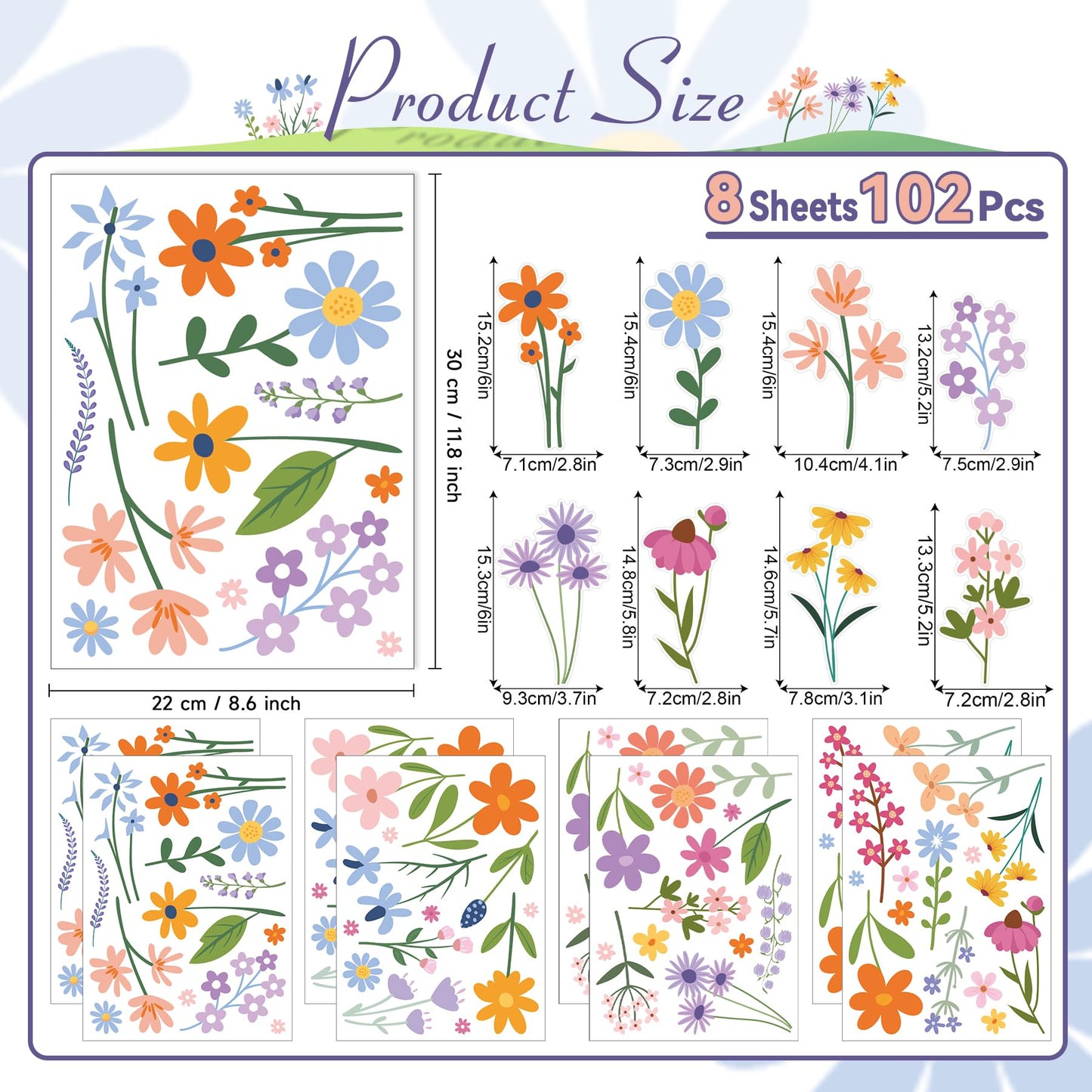 Flower Wall Decals - 8 Sheets 102 Pcs Spring Themed Wildflower Wall Stickers Peel and Stick Fairy Floral Wall Decor for Girls Bedroom Living Room Nursery Home