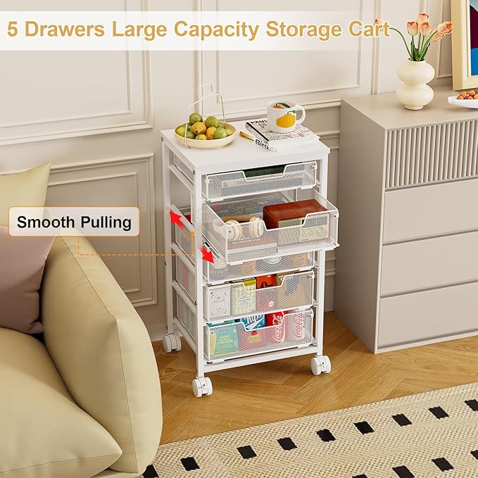 Sbanmao 5 Drawers Rolling Utility Cart, Storage Drawer Cart with Wooden Top, Rolling Storage Cart on Lockable Wheels, Metal Utility Cart & Craft Storage Cart for Bedroom, Classroom, Office, White