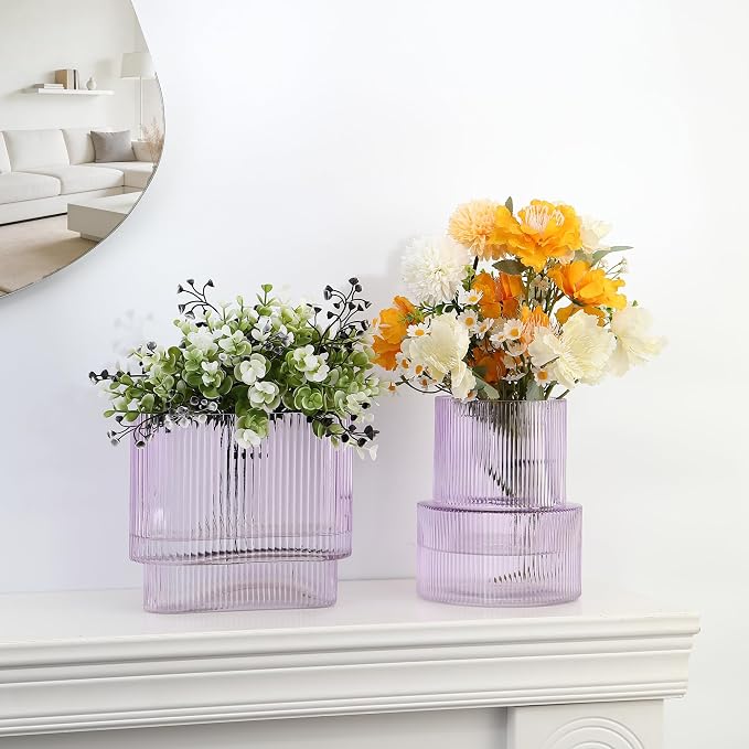 Purple Glass Vases, Set of 2 Ribbed Vases for Flowers, Purple Vase for Tulips, Modern Glass Vase for Living Room, Dining Table, Office, Entryway, Mantle, Bookshelf, Wedding Gifts