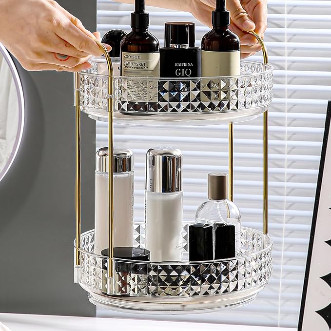 Fangoo 2 Tiers Clear Rotating Makeup Organizer for Vanity, 360 Spinning Skincare Organizers for Dresser Perfume Organizer Large Skincare Make up Storage Cosmetic Organizer for Bathroom Countertop