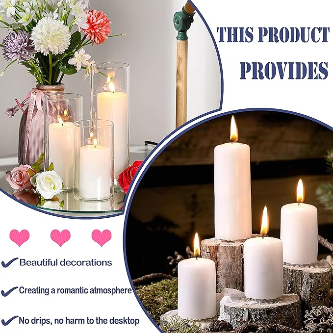 18 Pcs White Pillar Candles Bulk Set，Hurricane Candlesï¼? Different Lengths (6 Each)，Dripless Unscented Smokeless，Gives You a Better Atmosphere When Organizing an Event Party.