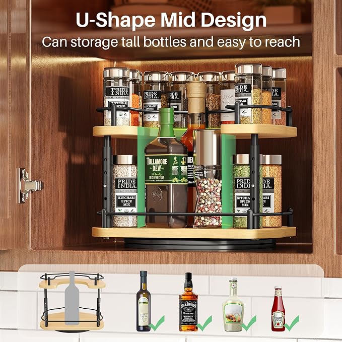 Lazy Susan Organizer Spice Rack - Spice Organization for Cabinet Height Adjustable Rotating Lazy Turntable, Pantry Kitchen Wood Revolving Seasoning Organizer (Natural, 12 Inch)