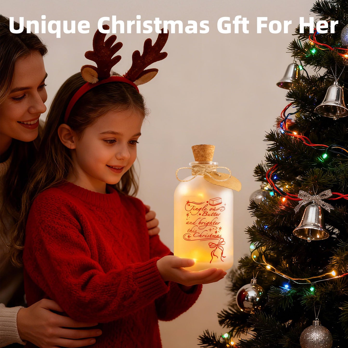 CLTTCLLCT Christmas Night Light, 17.5oz Mason Jar Lantern with LED Light Ornament, 2-in-1 Christmas Decorations for Home, Birthday Gift for Women and Friend, Festive Home Decor