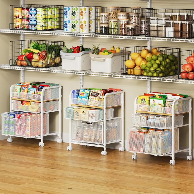 Yociyoga 3 Tier Rolling Cart with Drawers,Pantry Storage Cart with Wheels,Under Desk Storage Cart for Small Space,Pantry Floor Organizers and Storage,Metal Load-Bearing Utility Craft Cart,White