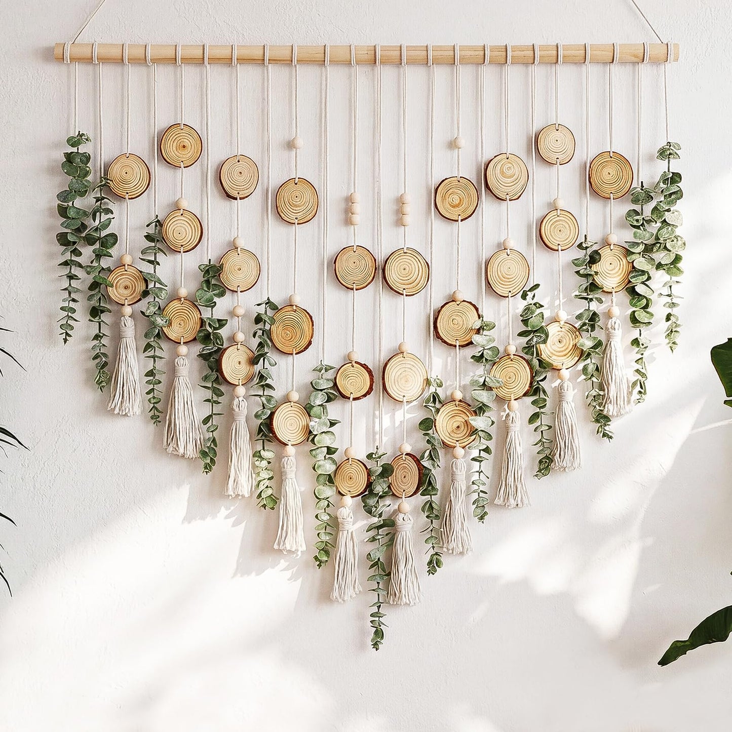 Tempospark Artificial Eucalyptus Wall Decor Hanging, Boho Bathroom Wall Decor, Fake Greenery Leaves Stems with Wood Slices Tassels on 33.1" Stick, for Living Room, Bedroom, Kitchen, Home Office