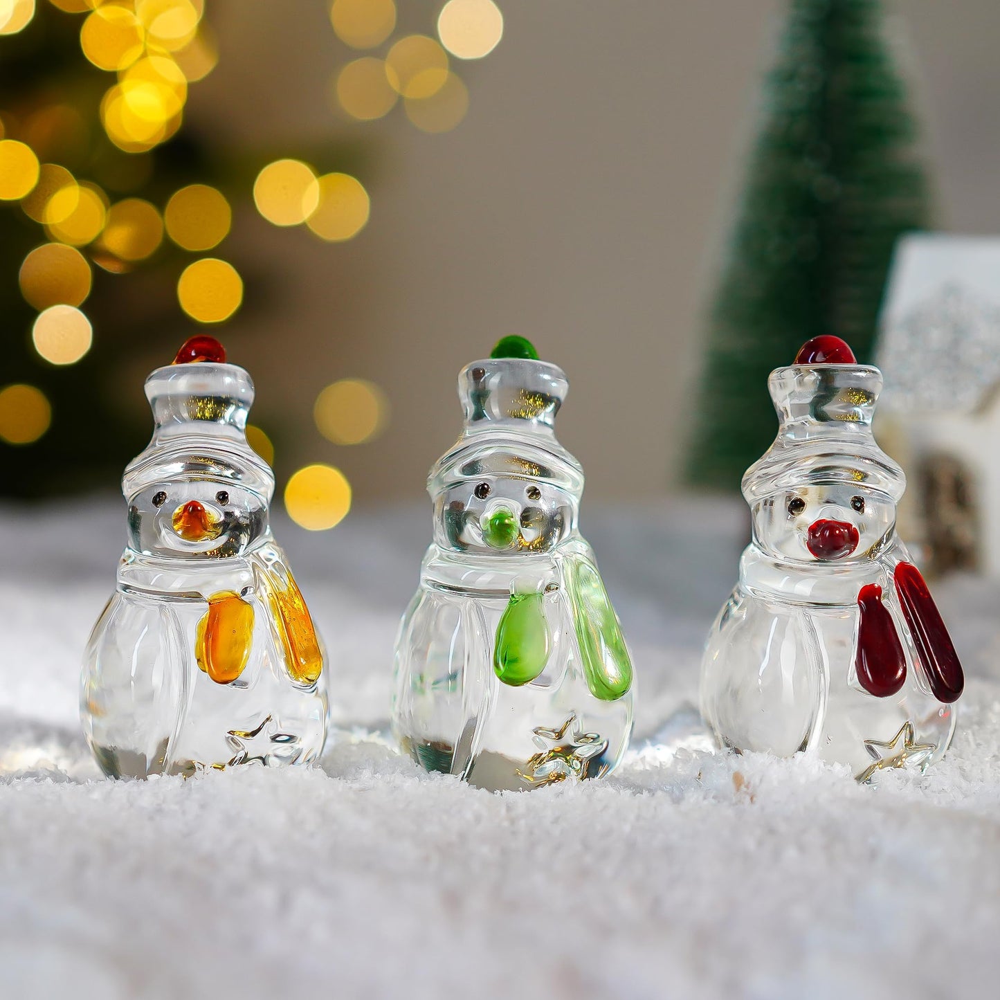 KRISININE Set of 3 Glass Snowman Figurine 1.6''*4.2'' Handmade Snowman Christmas Decorations Indoor for Home Winter Holiday Glass Paperweight Office Table Decor