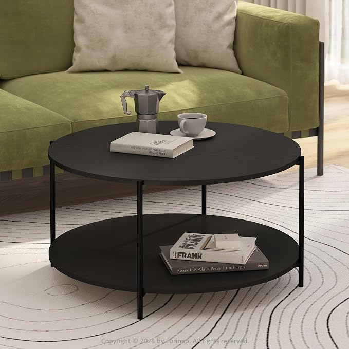 Furinno BESI Coffee Table, 2-Tier Round Modern Coffee Table with Metal Legs, Side Table with Open Shelf, for Living Room, Bedroom, Home Office, Americano