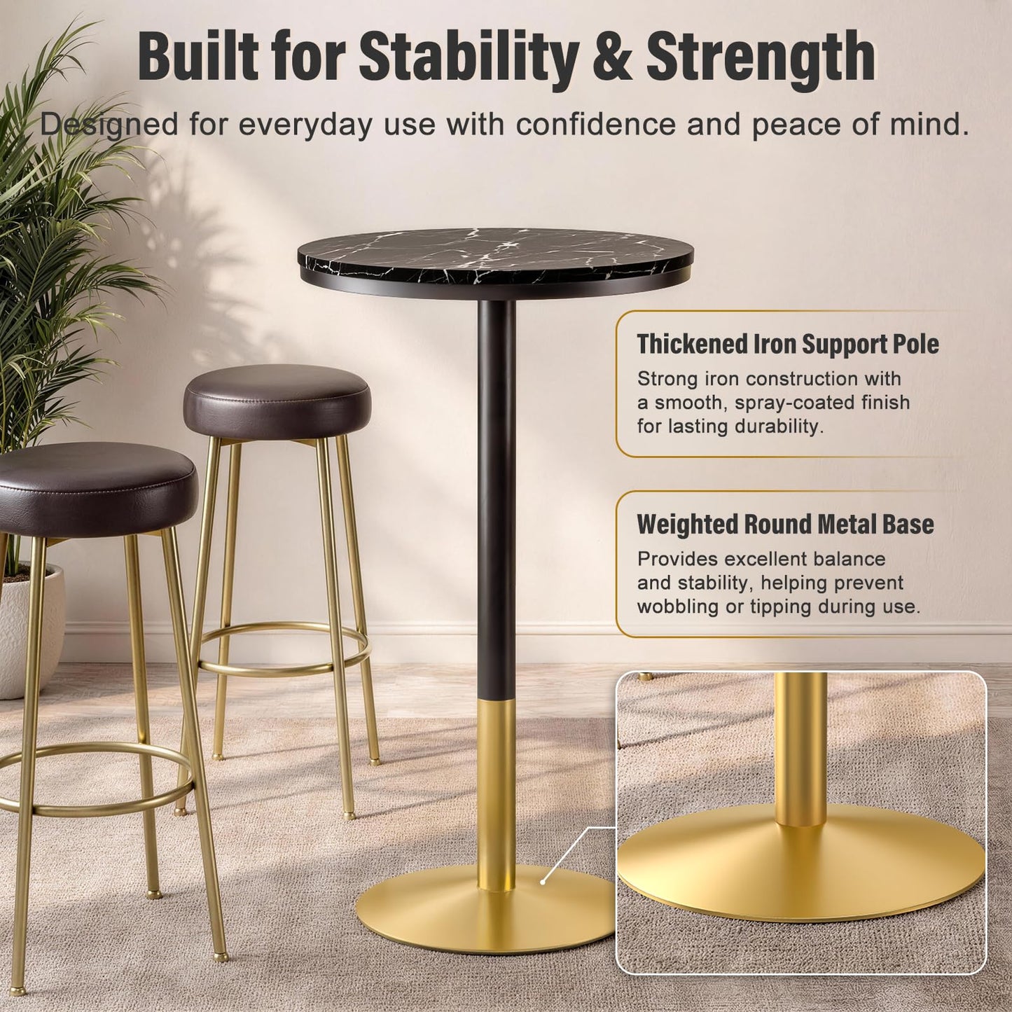 Modern Round Marble Bar Table, 22" Black Marble Top Pub Table with Gold Metal Base, Tall Bistro Table for Home Bar, Kitchen, Dining, Small Spaces, 41'' Bar Height