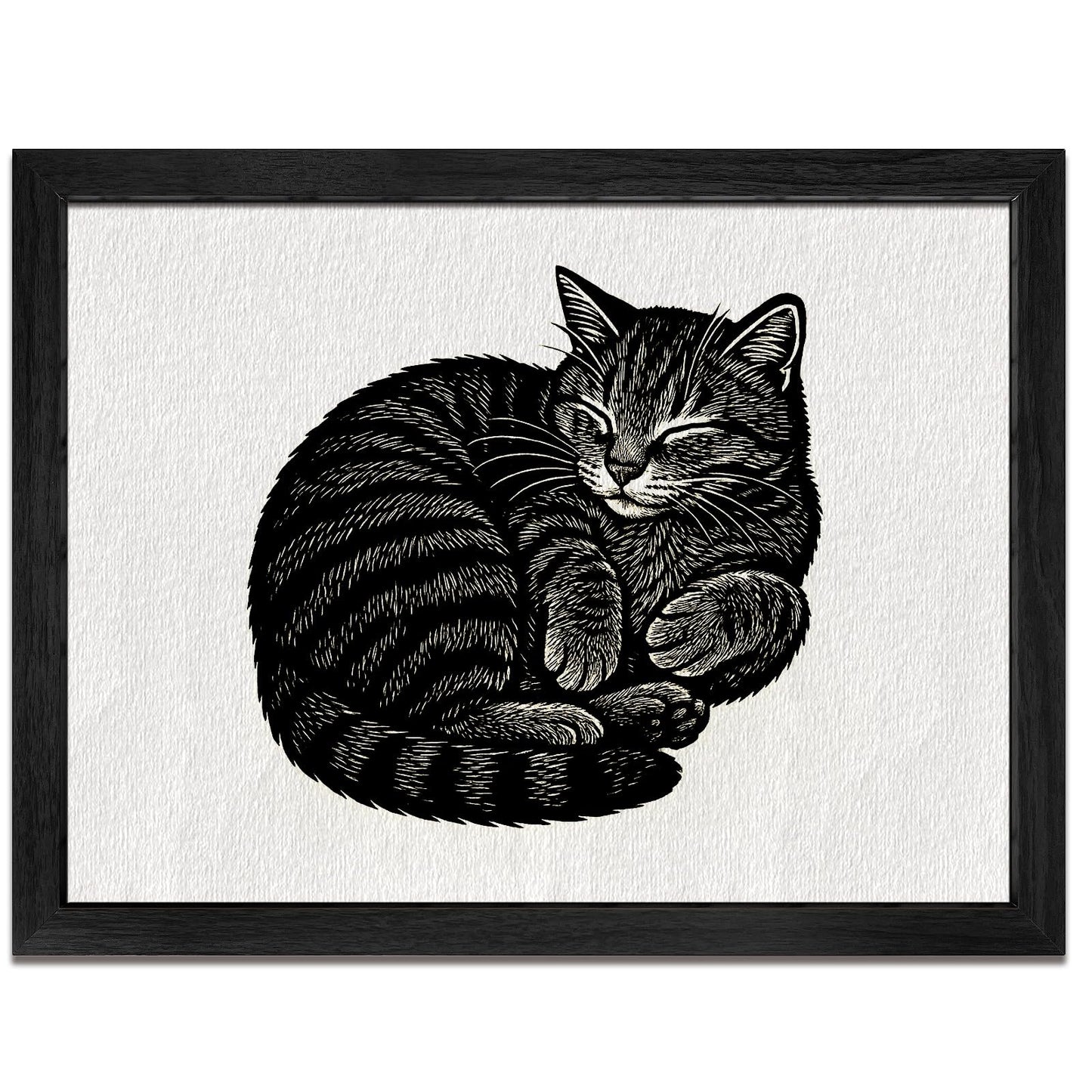 Caelumis Sleeping Cat Wall Art, Black and White Framed Cat Print, Woodcut Style Cat Wall Decor for Living Room, Bedroom or Office, 20 x 16 Inches