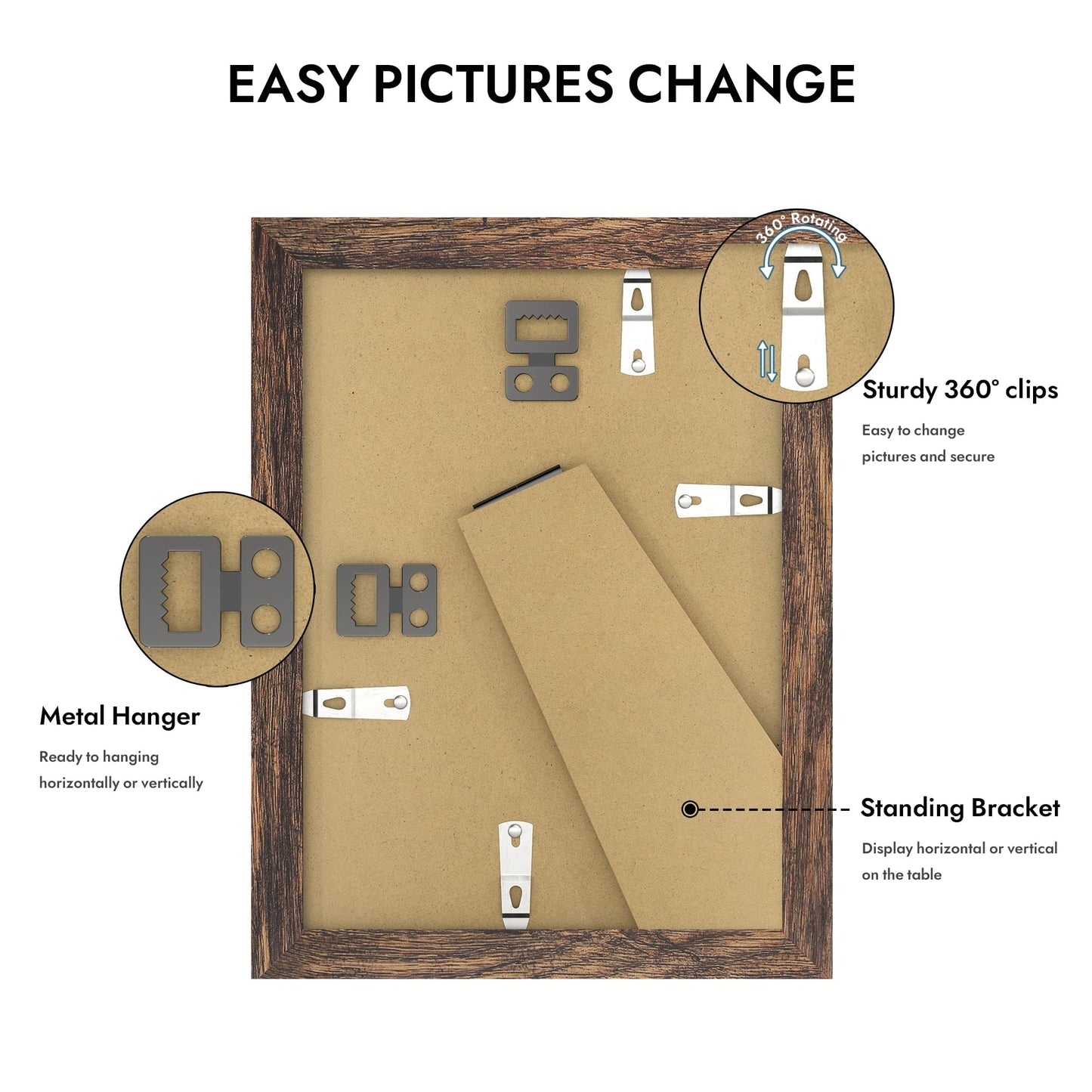 Hongkee 5x7 Picture Frame with Glass, Display Pictures 4x6 with Mat or 5 x 7 without Mat - Wall and Tabletop, 5 by 7 Photo Wooden Frames (Rustic Brown, 1 Pack)