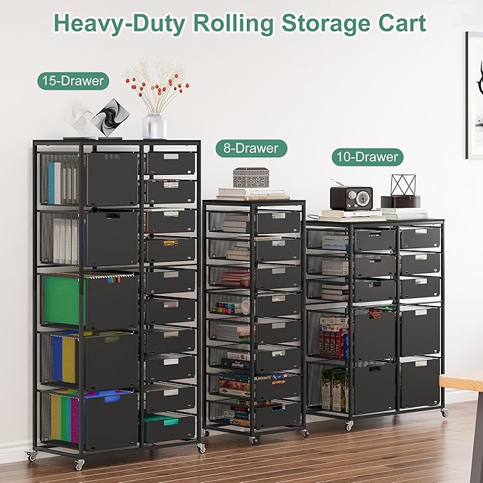 EasyPAG Rolling Storage Cart With 10 Drawers, Metal Craft Organizers And Storage Cart With Wood Tabletop, 30 Lbs Capacity Per Drawer For Home Office Classroom And Dorm, Black