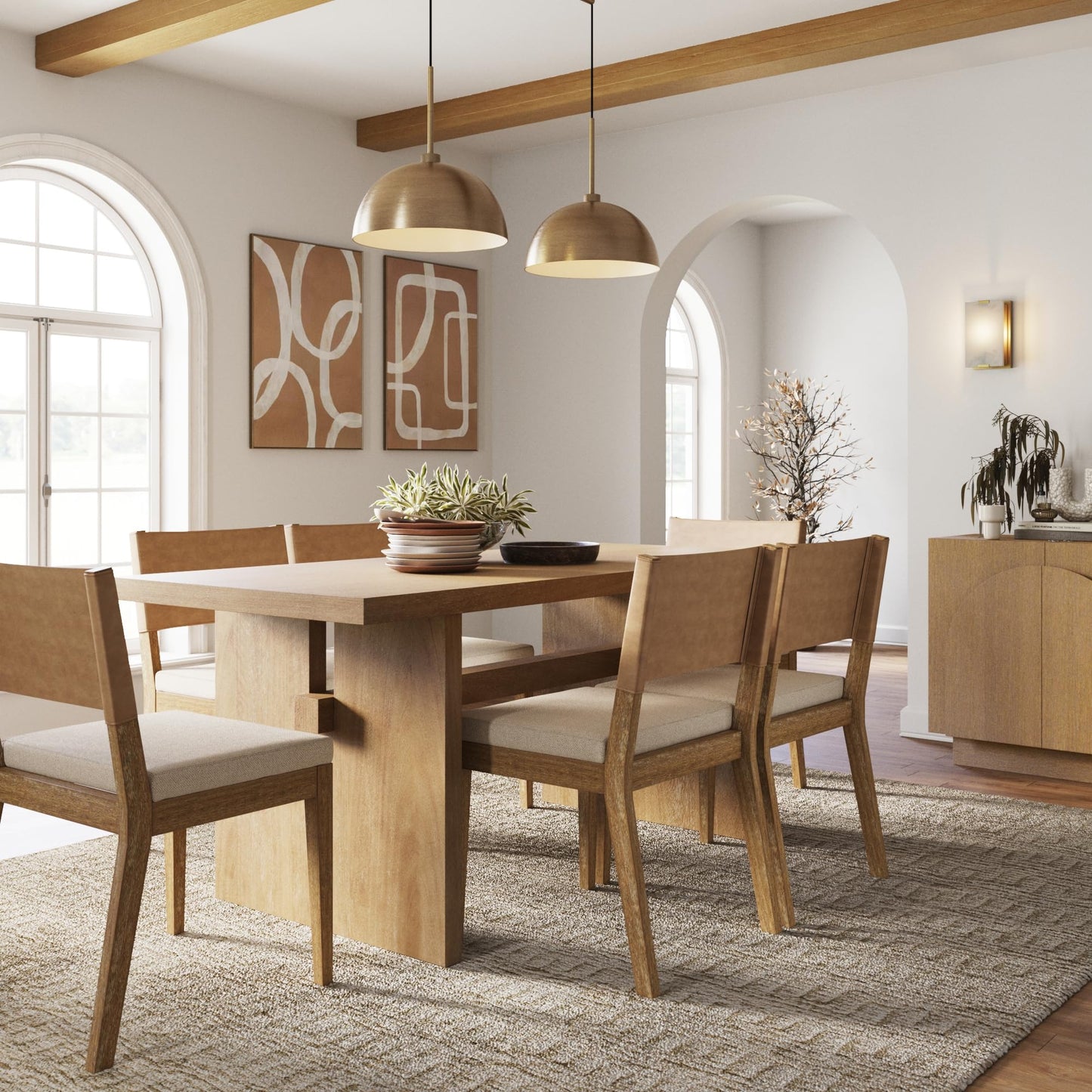 Nathan James Briggs Modern Farmhouse Dining Set for 6, Solid Wood Dining Room Table Set with 6 Upholstered Dining Chairs, Light Brown