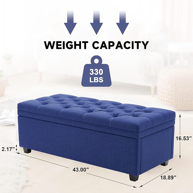 Mangodan 43" Storage Ottoman Bench, Tufted Ottoman with Storage for Living Room, Large End of Bed Ottomans, Modern Entryway Benchs, Window & Bedroom Benches for Foot of Bed (Blue)