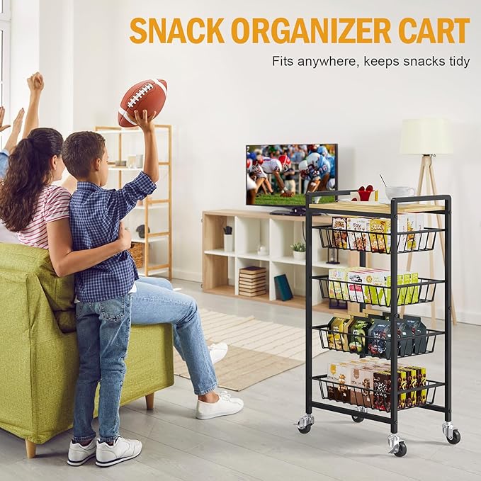 TOOLF 5-Tier Kitchen Cart with Tabletop, Rolling Snack Cart with Lockable Wheels, Fruit Vegetable Storage Basket with 4 Pack Mats, Metal Storage Rack with Pull-Out Pantry Cart for Organizer