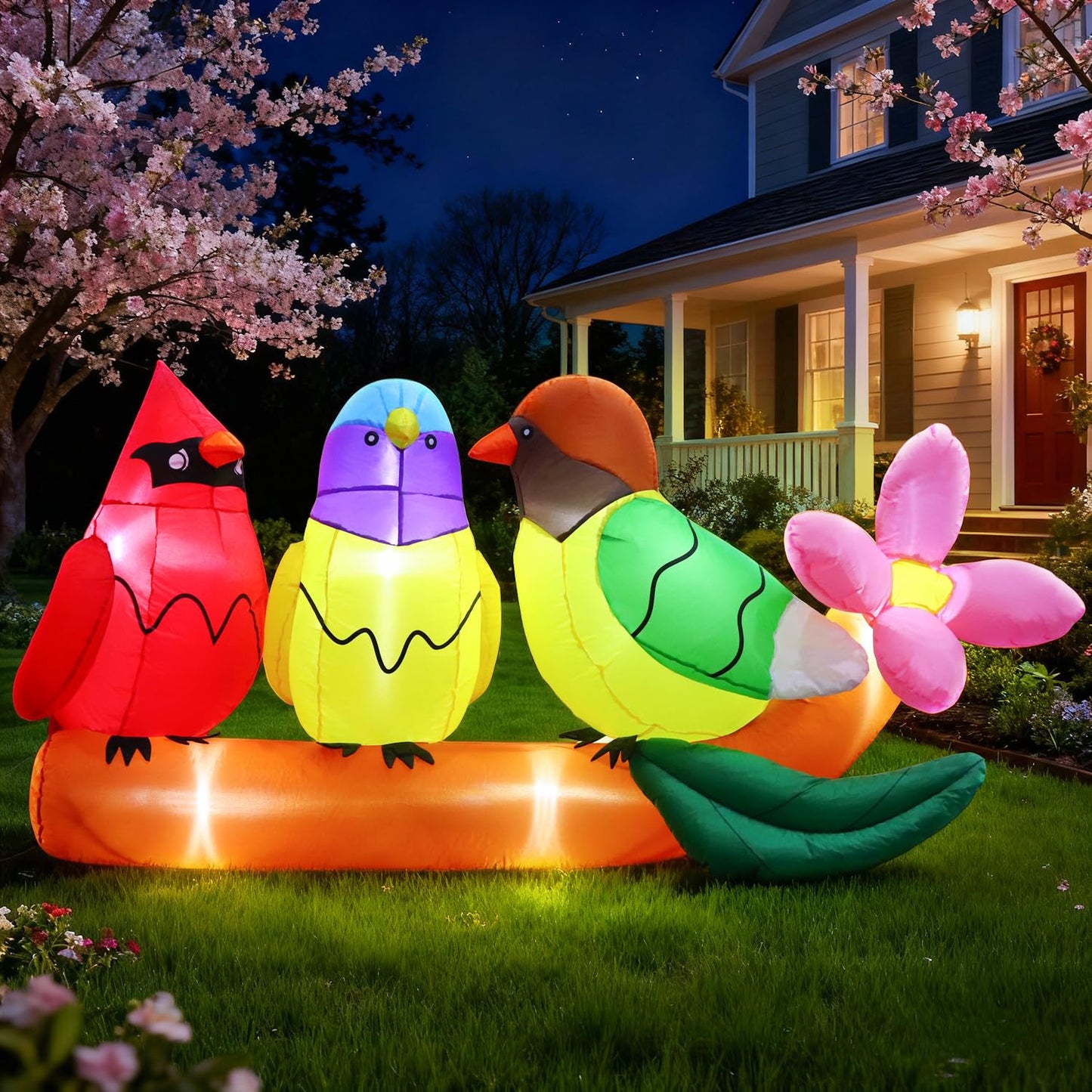 DomKom 8FT Long Inflatables Bird Gifts with Flower Outdoor Decoration, Blow Up Decoration, Built-in LED Lights Decor, Garden, Lawn, Yard, Patio,