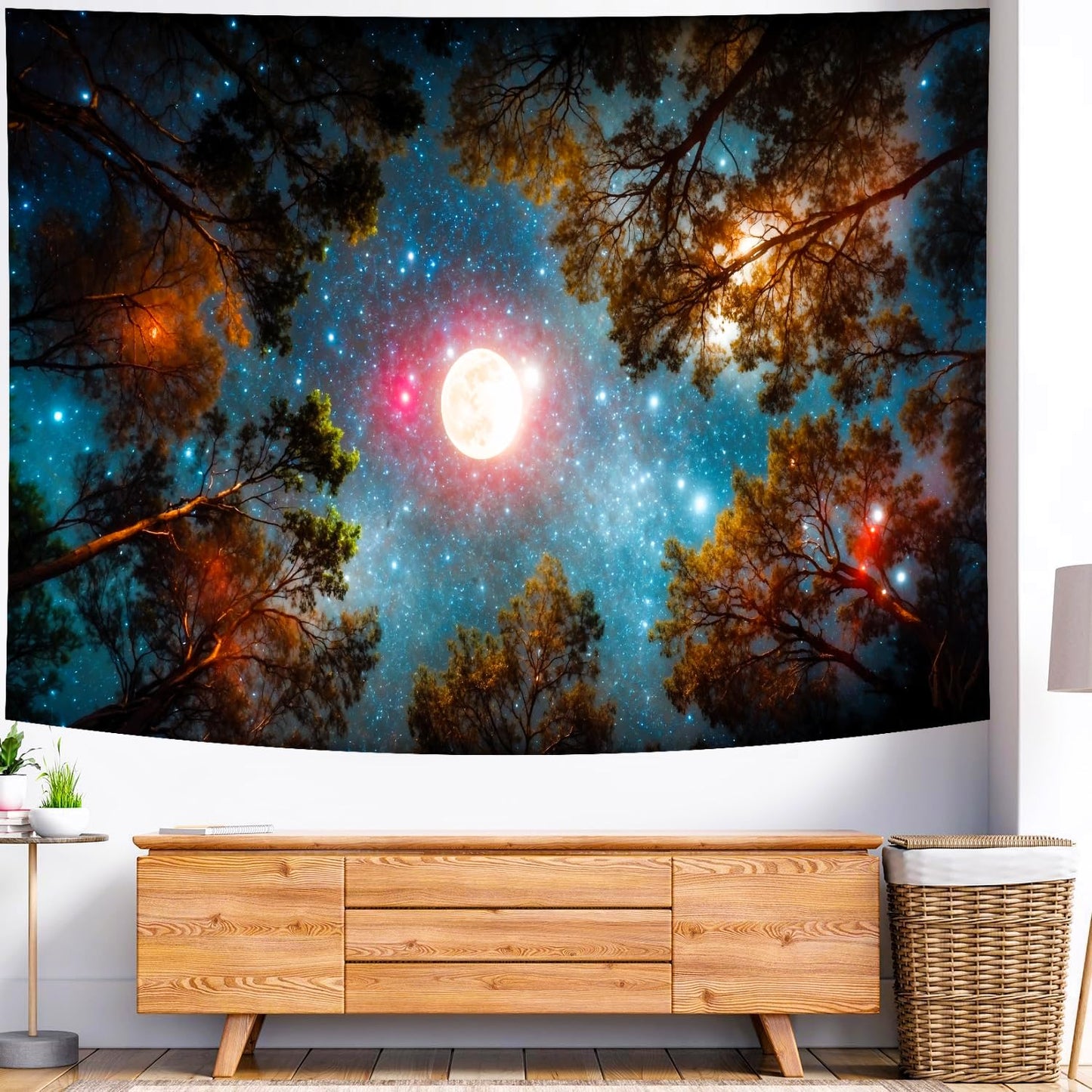 Delur Forest Tapestry Galaxy Moon Stars Night Space Starry Sky Wall Hanging Tapestry Aesthetic Tree Nature Landscape Psychedelic Headboard for Bedroom Living Room Home Decor (51.2" x 59.1")