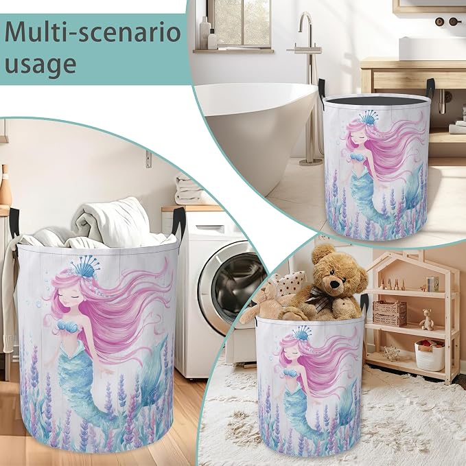 Mermaid Laundry Basket With Handles Tote Bag Oxford Cloth Funny Laundry Hamper Clothes Storage Bucket Toy Organizer 16" X 20.8"For Bathroom/Laundry/Bedroom