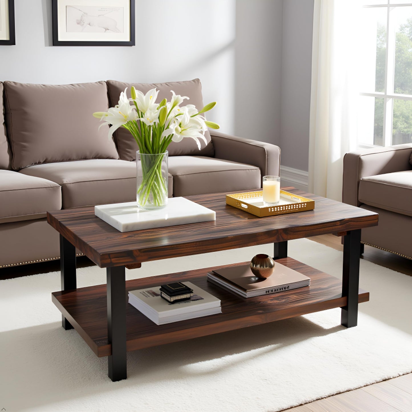 Alaterre Furniture Pomona Living Room 48 Inch Rectangular Solid Wood Coffee Table with Storage Shelf & Metal Legs – Rustic Industrial Farmhouse Large Living Room Table (Rustic Brown)