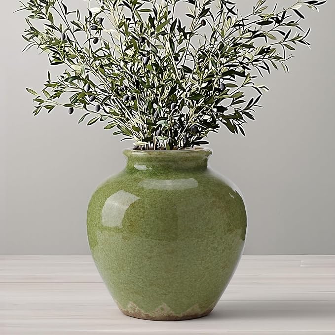 Ceramic Flower Vase Home Decor, 6.2 inch Farmhouse Rustic Vintage Decorative Vases, Pottery Terracotta Boho Flowers Vases for Dining Table, Living Room, Shelf, Kitchen, Bedroom (6.2"-Green)