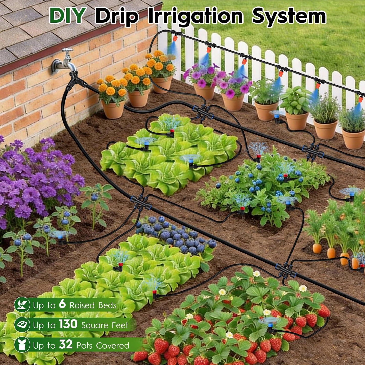 Quick-Connect Drip Irrigation System Kit, Irrigation Kit with Adjustable Nozzles, 2/5" & 1/4" Tubing, Automatic Watering System for Garden, Raised Beds, Greenhouse, Automatic Timer Compatible
