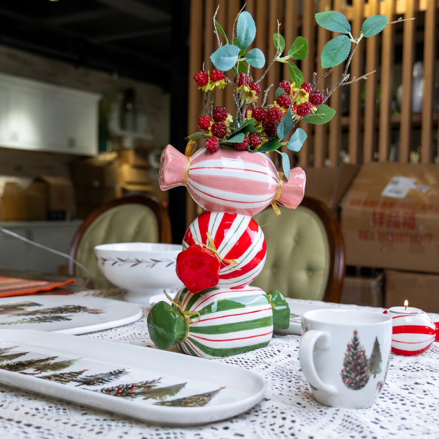 DIF DECO Unique Ceramic Vase,Candy Shape Aesthetic Vase Cute Christmas Decorative Flower Vase 9.88 Inch Modern Funny Vase for Home/Holiday/Weddings/Party Table Flower Decor