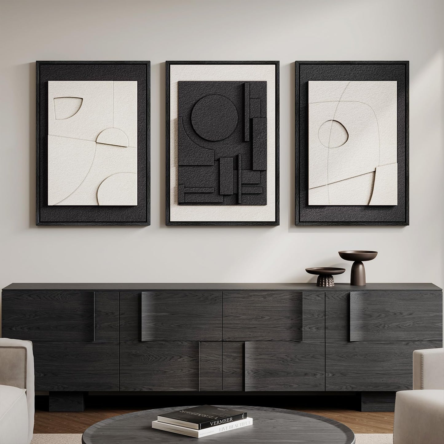 Large 3D Textured Framed Black and White Abstract Wall Art, 3 Piece Modern Wall Paintings Artwork for Walls, Minimalist Black White Geometric Pictures for Living Room, Hallway, Dining Room Wall Decor