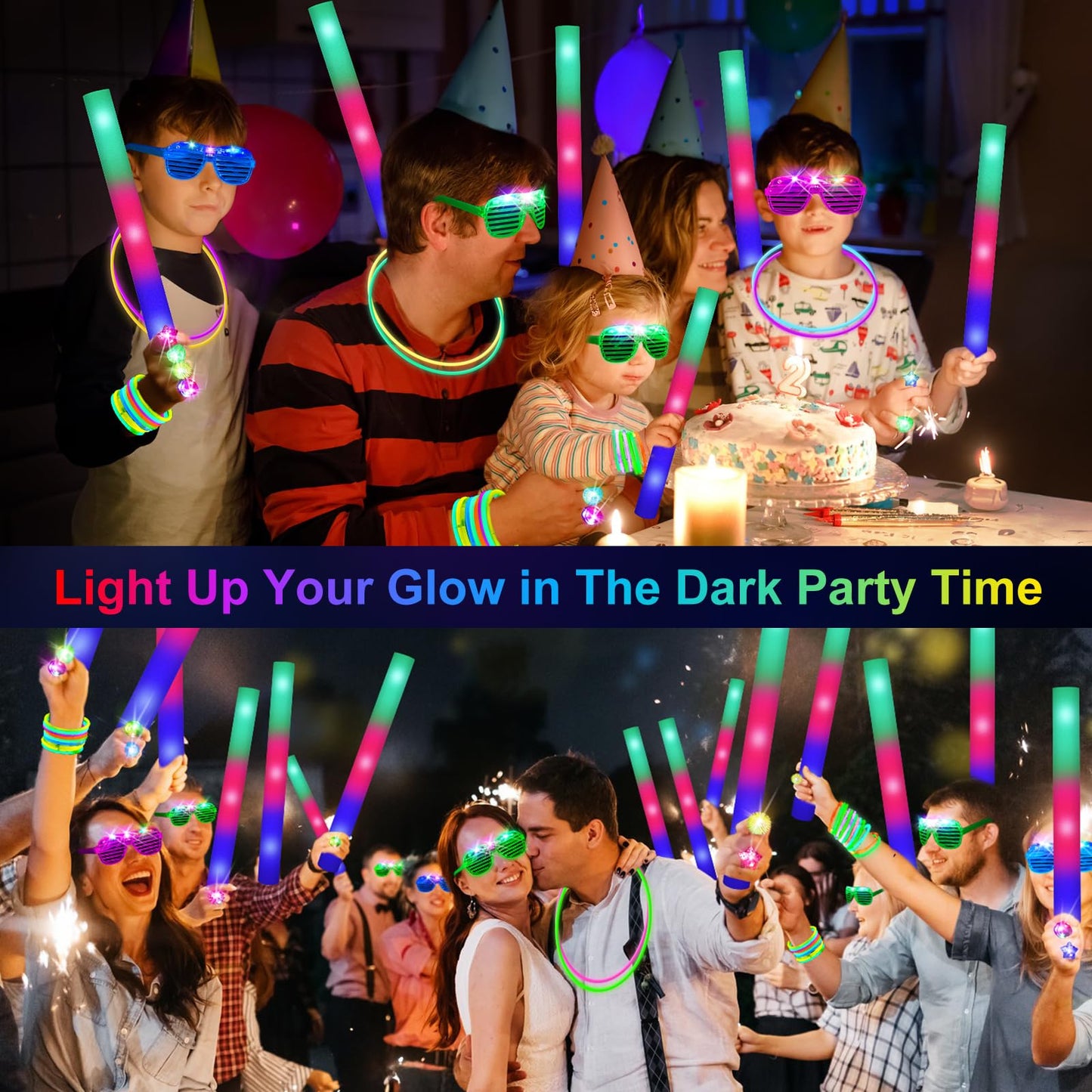 OLUPP 150 PCS Glow in the Dark Party Supplies, 16 Foam Sticks, 16 LED Glasses, 100 Glow Sticks and 18 Finger Lights for Neon Party, Wedding, Birthday, Concert, New Year, Carnivals, Raves