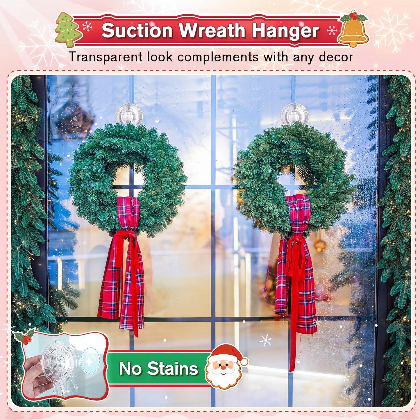 VIS'V Wreath Hanger, Large Suction Cup Wreath Hooks with Wipes, Heavy Duty, 22 LB Capacity, Removable and Reusable, Clear, 2 Pcs