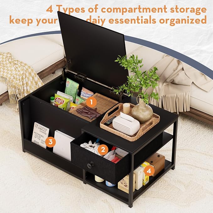 SINPAID Coffee Table with Storage, Rectangular Coffee Tables for Living Room, Modern Coffee Table with Hidden Storage Compartment and Adjustable Shelves, Black