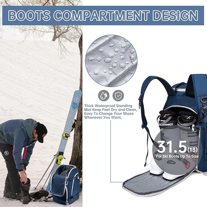 Ski Boot Bag, 50L Ski Boot Travel Backpack for Skis, Snowboard & Accessories, Waterproof Padded Ski Boot Bag Backpack