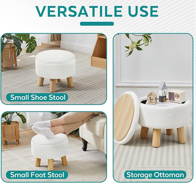 Small Foot Stool Ottoman with Storage, Soft Faux Fur Ottoman Foot Rest for Couch, Round Footstool with Storage, Small Ottomans and Footstools for Living Room and Entryway (White)